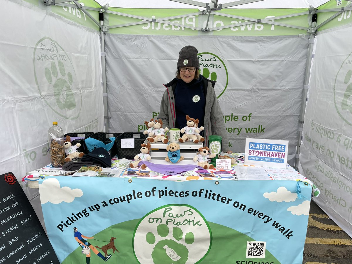 All set up with our new branded gazebo at #Stonehaven Farmers Market. Many thanks to @ArnoldClark for the funding. Come & meet our new furry friends. 🐶 Also have info on Plastic Free Stonehaven. #northeastclimateweek #pawsonplastic #litter