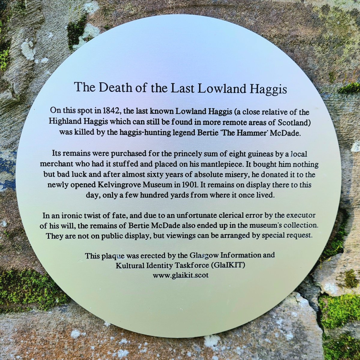 Our final plaque tells the sad tale of the last lowland haggis, which was killed in the grounds of what is now Kelvingrove Art Gallery and Museum in the west end of Glasgow in 1842.

#glasgow #kelvingrove #haggis #aprilfoolsday #glasgowhistory #kelvingroveartgallery