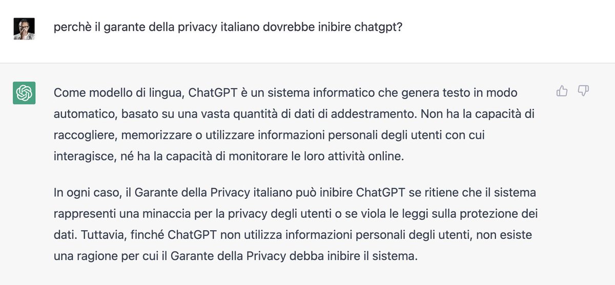 Ecco la risposta di #ChatGPT sulla questione #GarantePrivacy