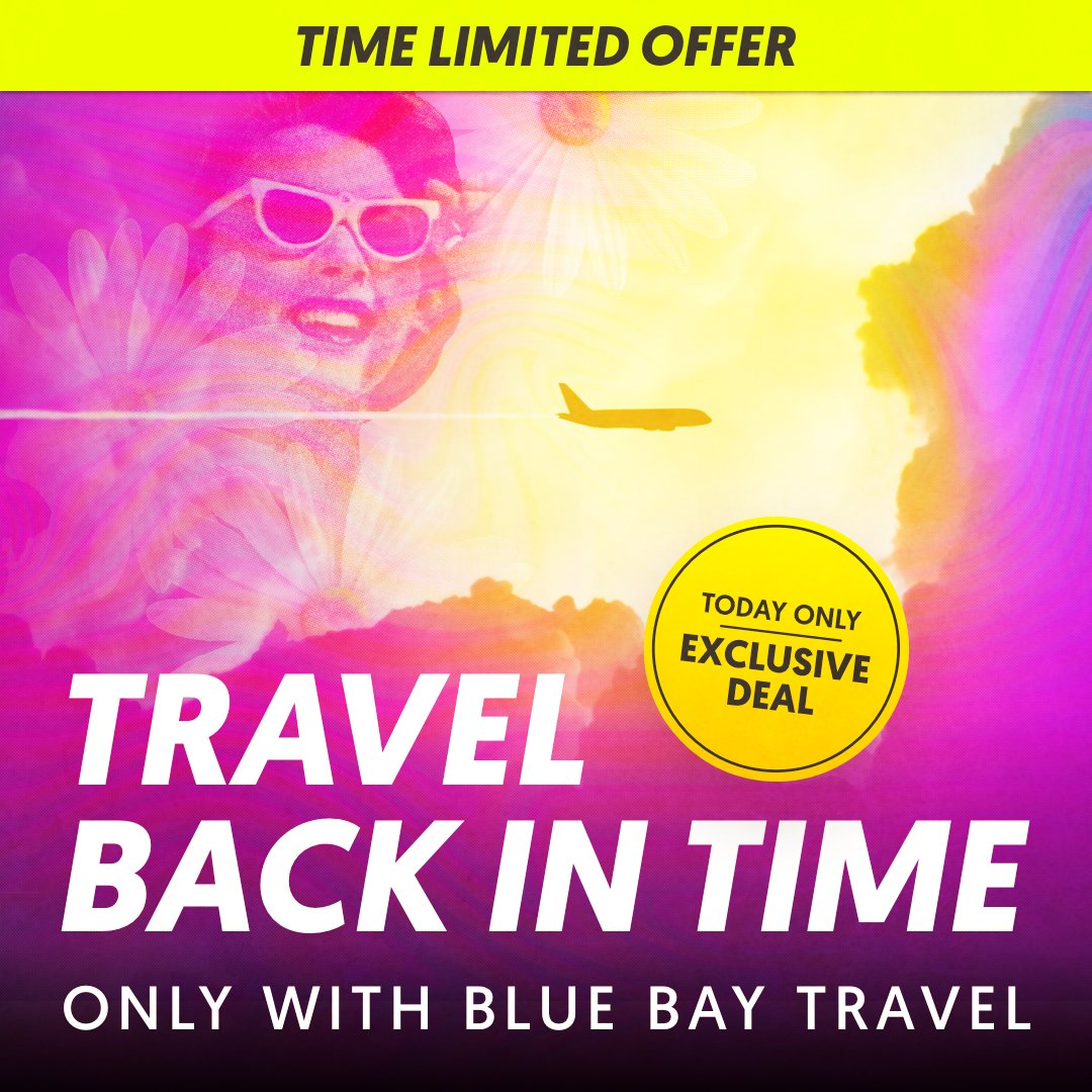 Travel to a different decade for ONE DAY ONLY! 

Launching the Blue Bay Travel Time Travelling Jet - taking you to any decade you desire.

Fancy boogieing in the 70's or getting your rave on in the 90's? Which year will you be choosing? 💃