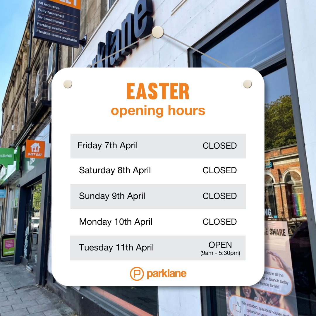 Here are our opening hours over the Easter period, if you have any urgent maintenance issues, please call Hive Property Services on 0113 224 4610 and wait for the voicemail. 

If your query can wait, our office will be back open on Tuesday 11th April from 9am.

See you then! 👋