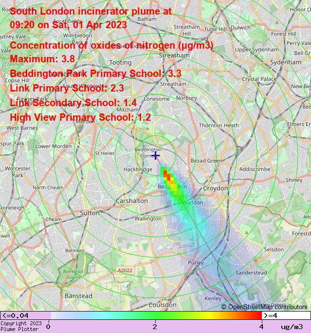 plumeplotter's tweet photo. Latest South London incinerator plume plot, 09:20 01/04/23 #Beddington #Roundshaw #RiddlesdownCollegiate https://t.co/qArVHySiNA https://t.co/kZ0JrVGEQg