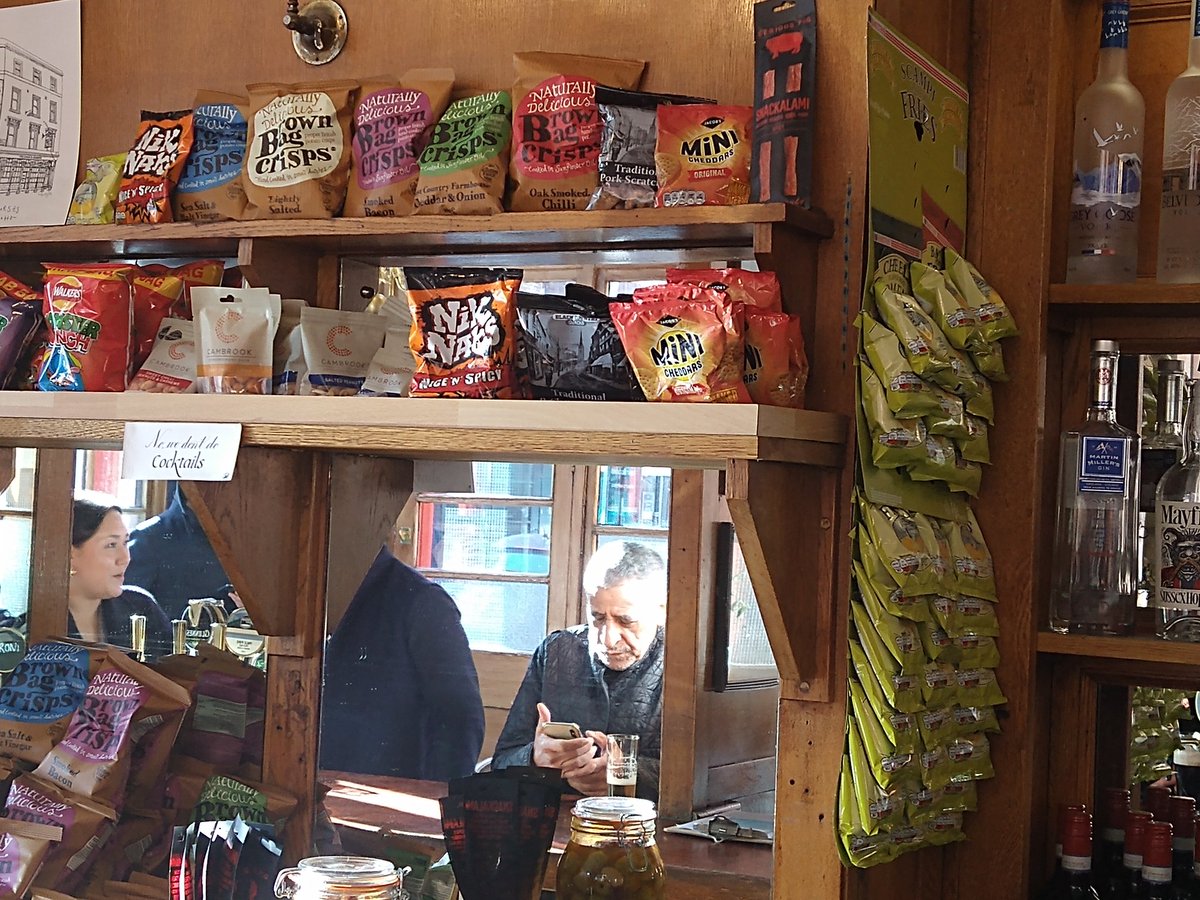 @NMBCo This is snack porn , at the coach and horses in Soho. Monster munch, scampi fries, nic naks, etc. In 40 years of pub visits , this selection was the best I had ever seen.
