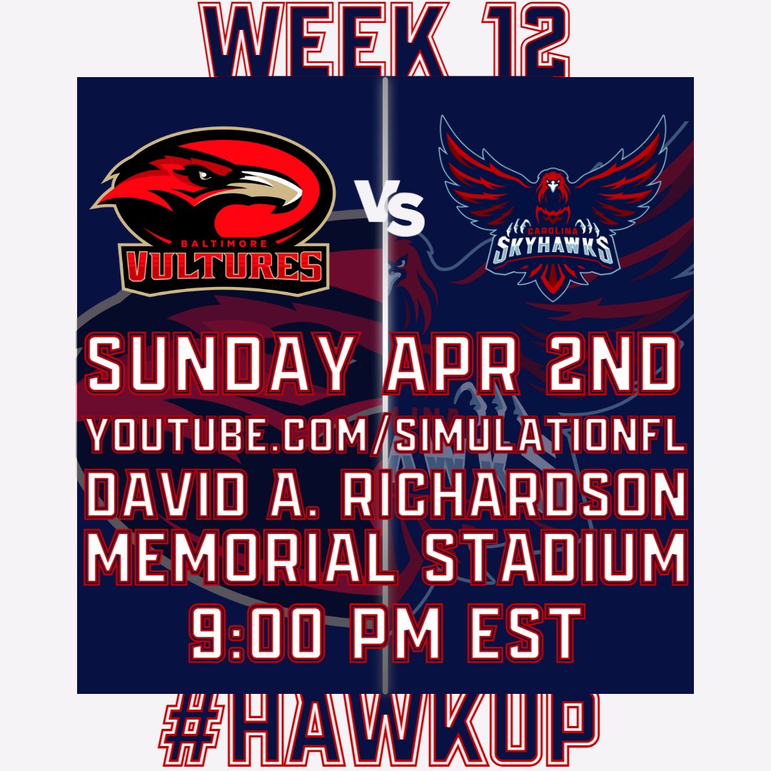 The #SkyGang is back to playing our division rivals and this week is gonna be a good one. We have the <a href="/SFL_Vultures/">baltimore vultures</a> coming down to #Raleigh for a game that is a must win for us. It's time to #HawkUp because #WeWantTheSmoke!!!