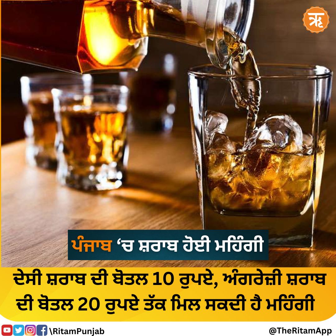 ritampunjabi's tweet image. ਪੰਜਾਬ ‘ਚ ਸ਼ਰਾਬ ਹੋਈ ਮਹਿੰਗੀ, ਦੇਸੀ ਸ਼ਰਾਬ ਦੀ ਬੋਤਲ 10 ਰੁਪਏ ਅਤੇ ਅੰਗਰੇਜ਼ੀ ਸ਼ਰਾਬ ਦੀ ਬੋਤਲ 20 ਰੁਪਏ ਤੱਕ ਮਹਿੰਗੀ ਮਿਲ ਸਕਦੀ ਹੈ। 

#Punjab #Liquor #newexcisepolicy #Expensive #RitamPunjab