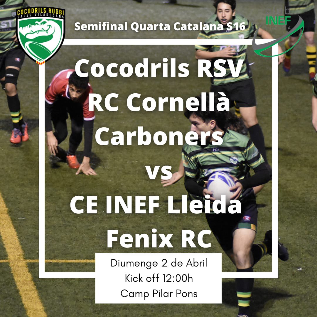 Demà DIUMENGE de Rams 🌴, pels #Cocodrils🐊 hi ha una semifinal i una final.

Els #Minicocos (Sub16) juguen a les 12 al Pilar Pons de #Cornellà contra la fusió @RugbyFenix i @InefLleidaRugby. 
Els Minicocos juguen acompanyats amb @RCCornella i @carboners