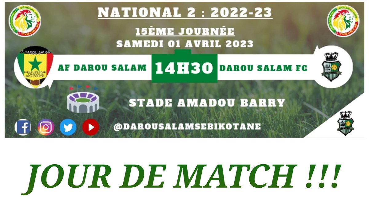 DarouSalamSebi's tweet photo. JOUR DE MATCH 
🥅  𝘼𝘾𝘾𝘼𝘿𝙀𝙈𝙄𝙀 𝙁𝙊𝙊𝙏 𝘿𝘼𝙍𝙊𝙐 𝙎𝘼𝙇𝘼𝙈 - 𝘿𝘼𝙍𝙊𝙐 𝙎𝘼𝙇𝘼𝙈 𝘿𝙀 𝙎𝙀𝘽𝙄𝙆𝙊𝙏𝘼𝙉𝙀 

🏆 15ē Journée National 2
🗓️ Samedi 01 Avril 2023
🏟️ STADE AMADOU BARRY 
⏰ 14h30

#NATIONAL2 #FOOTLOCAL221 #SEBIKOTANE https://t.co/1sQvVoP0E4