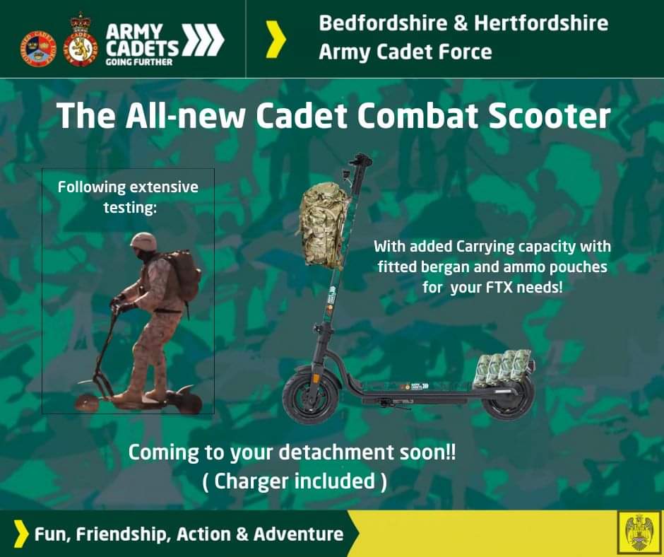 Beds &amp; Herts ACF are proud to be able to announce today the latest addition to the Cadet Experience, the All-New Cadet Combat Scooter
#bhacf #armycadetsuk #armycadets