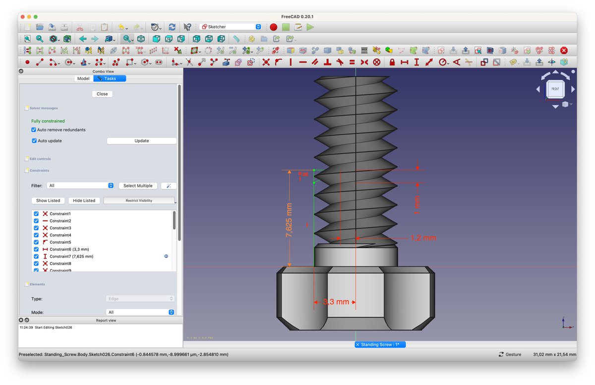 @FreeCADNews Defining the new #Stemfie3D screw, which can be 3D-printed standing upright.