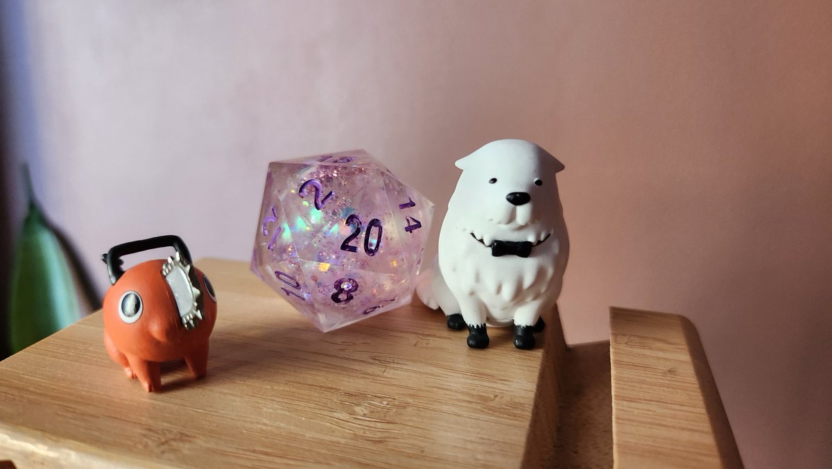 FranticKohi's tweet photo. I didn't get to buy a lot this time but I did get this giant d20 from @stillapumpkin

*Bond and Pochita for size reference

#CosplayCarnival2023 https://t.co/5ypvUACn8P