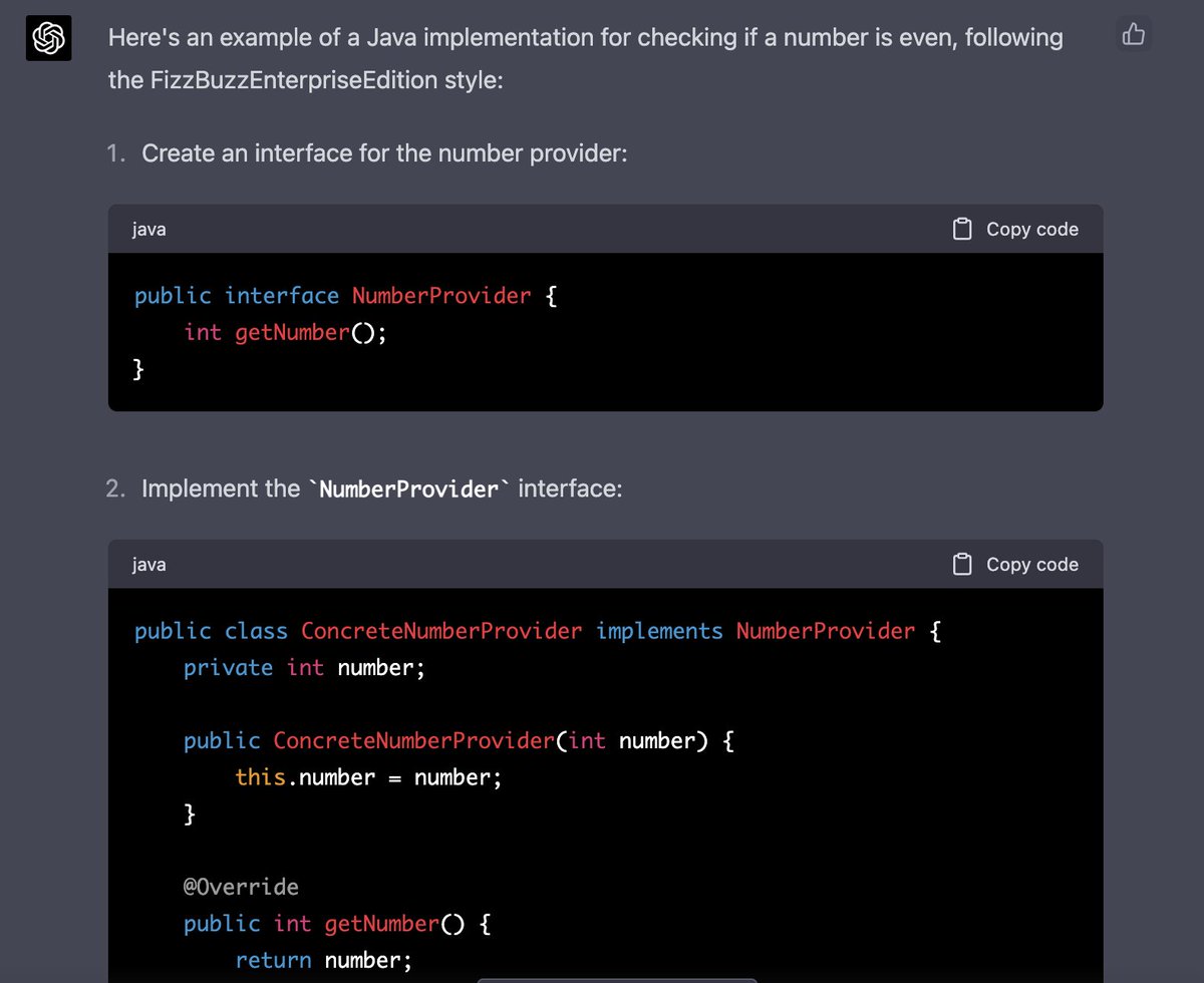 ajermakovics's tweet photo. Good news everyone! ChatGPT can generate code that conforms to FizzBuzzEnterpriseEdition standard https://t.co/MNJNoTOp63 https://t.co/0scFEY943q
