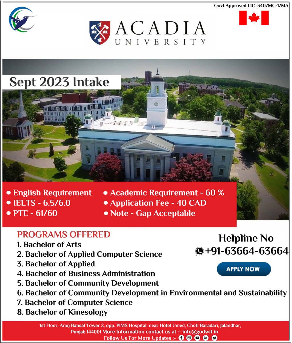 STUDY IN Canada
Call: +91-63664-63664
 #acadiauniversity #ug #pg #programs #study #visa #immigration #immigrationconsultant #college #university #studentlife #toronto #education  #studyvisaexpertsg #studyvisai #studyvisaprovider #studyvisaexperts #studyvisaexpert