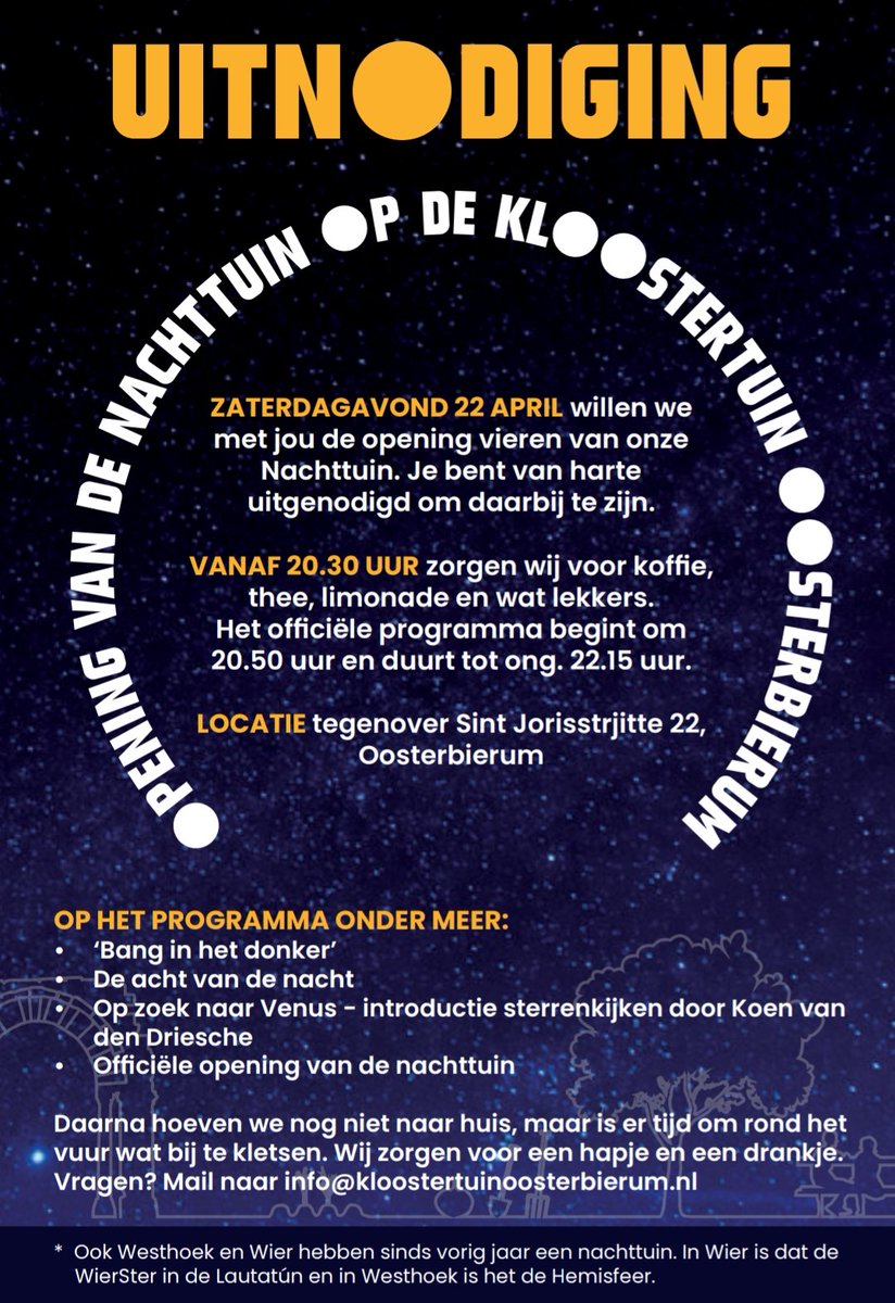 waddensky_nl's tweet photo. Op 22 april wordt de #Nachttuin van de #Kloostertuin in #Oosterbierum geopend. Als onderdeel van het programma vertel ik daar iets over #sterrenkijken en #donkerte, met speciale aandacht voor de planeet #Venus die die avond (bij helder weer) prachtig zichtbaar is. Zie ik je daar? https://t.co/0fYvXk1Vm2