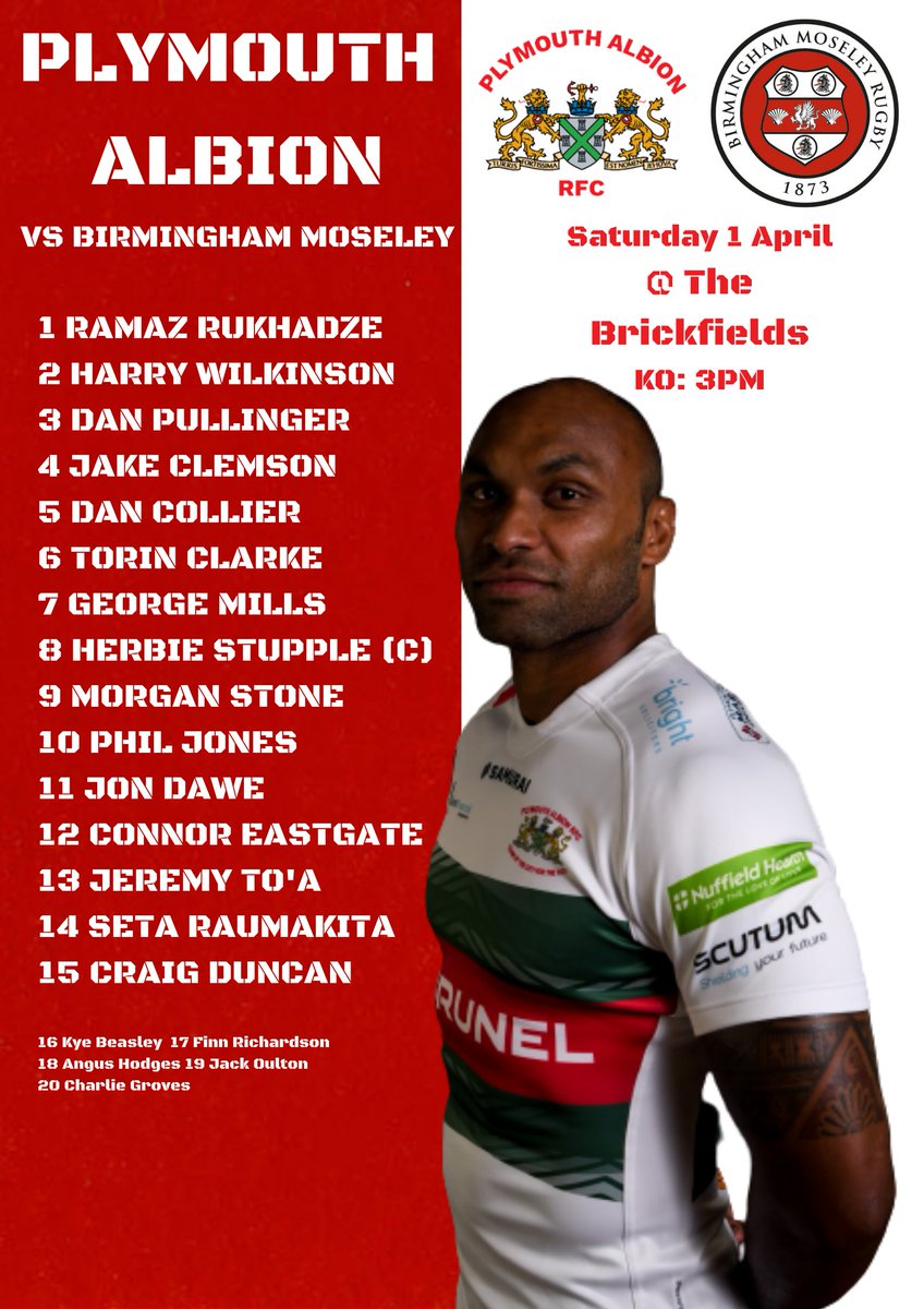 Albion_RFC's tweet photo. One hour to kick-off at the Brickfields, here's a reminder of your Albion team today! ⬇️
#ALBMOS #AlbionAsOne https://t.co/B2gxHxSJ18