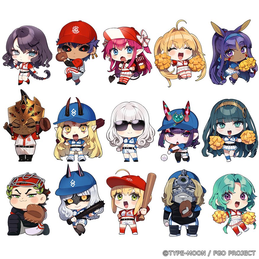 carmilla (fate) ,elizabeth bathory (fate) ,nero claudius (fate) ,nero claudius (fate/extra) ,nitocris (fate) baseball bat sportswear multiple girls baseball uniform baseball mitt horns black sclera  illustration images