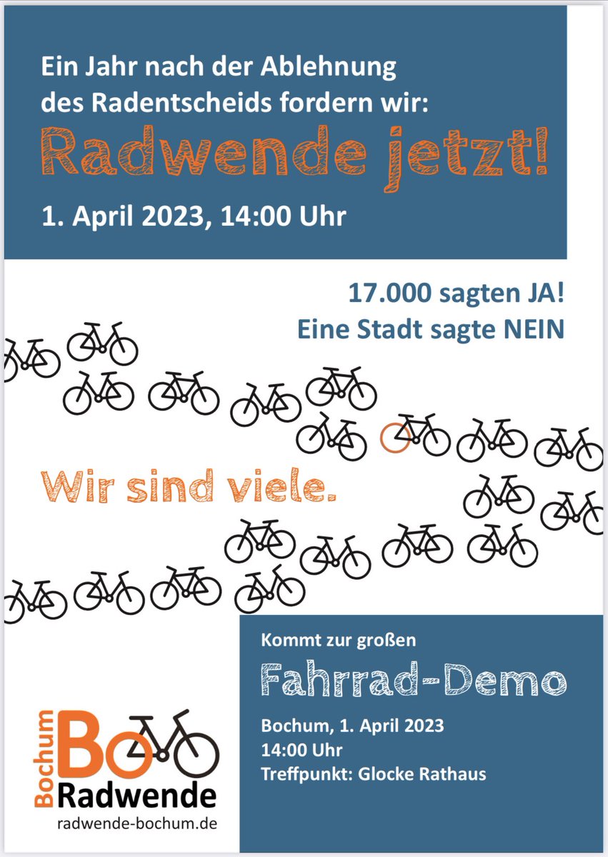 Schlechtes Wetter? Das kann weder uns noch die #Verkehrswende aufhalten. Also: Holt die Regenkleidung raus und ab zur Raddemo heute in Bochum. Bis gleich.
