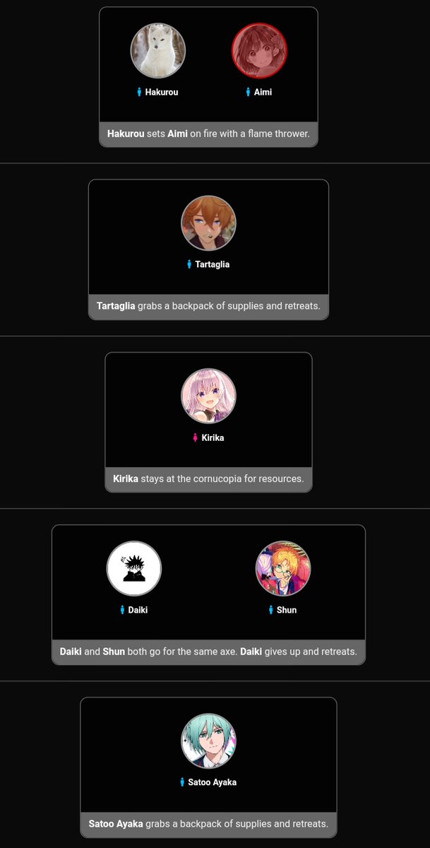 ㅤ
ㅤ
baru saja di cornucopia, @miscvulpine membakar <a href="/ohhoneytrap/">💫 ♡ ﹏ AIMI ๑ ִֶָ ❀</a> hingga gosong. @McnocerosCaeli dan @notanartistic berhasil mendapat tas berisi suplai. <a href="/wisteraest/">︎ ︎ ︎ ︎ ︎藤森, ︎ ︎ 𝑲͟𝐈𝐑𝐈𝐊𝐀. ︎ ︎</a> tetap berada di cornucopia bersama kumami. <a href="/killahired/">Aileen Quinn.</a> dan <a href="/reveriealitie/">ᅟ𝐫𝐚𝐠𝐮𝐞𝐥.</a> rebutan kapak, tapi shun mengalah.
ㅤ
ㅤ