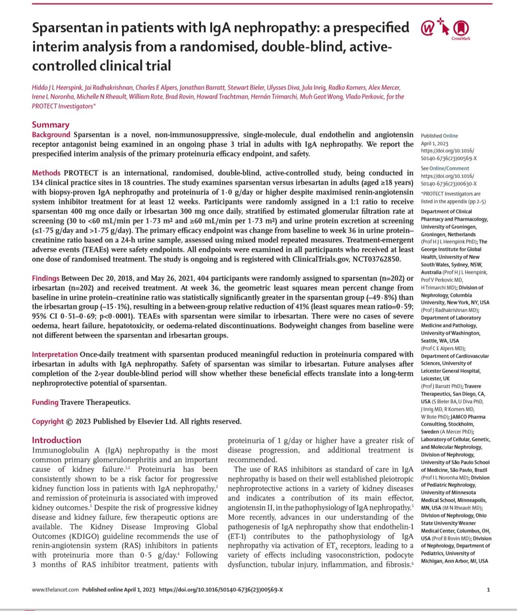 Sparsentan in patients with IgA nephropathy - treatment with sparsentan produced meaningful reduction in proteinuria compared with irbesartan in adults with IgA nephropathy. Published today. <a href="/TheLancet/">The Lancet</a>