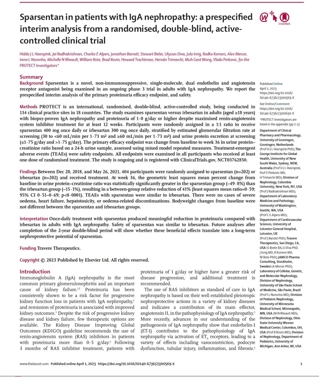 Sparsentan in patients with IgA nephropathy - treatment with sparsentan produced meaningful reduction in proteinuria compared with irbesartan in adults with IgA nephropathy. Published today. @TheLancet