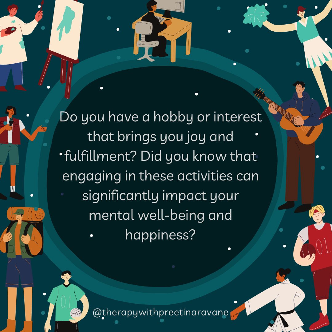 Preeti_Naravane's tweet photo. #mentalhealthmatters #mentalhealthawareness #counselling #counsellingpsychology #therapy #therapist #hobbies #interests #destress #mentalwellbeing #happiness #anxietyrelief #socialconnection #boostselfesteem #rechargeyourself #therapywithpreetinaravane https://t.co/K0GsvfrDGb