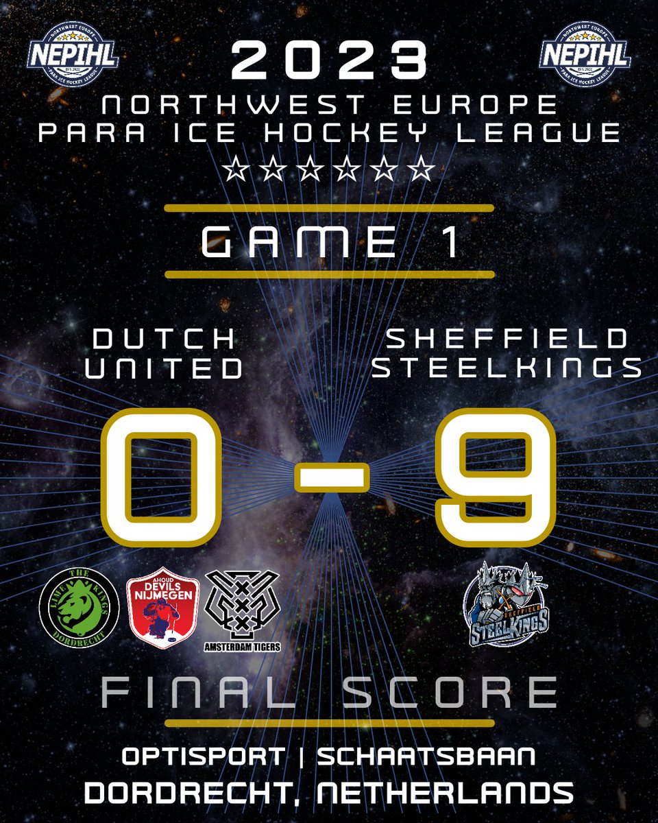 🚨 GAME 1 FINAL SCORE 🚨

Dutch United - 0
Sheffield Steelkings - 9

#NEPIHL #ParaIceHockey