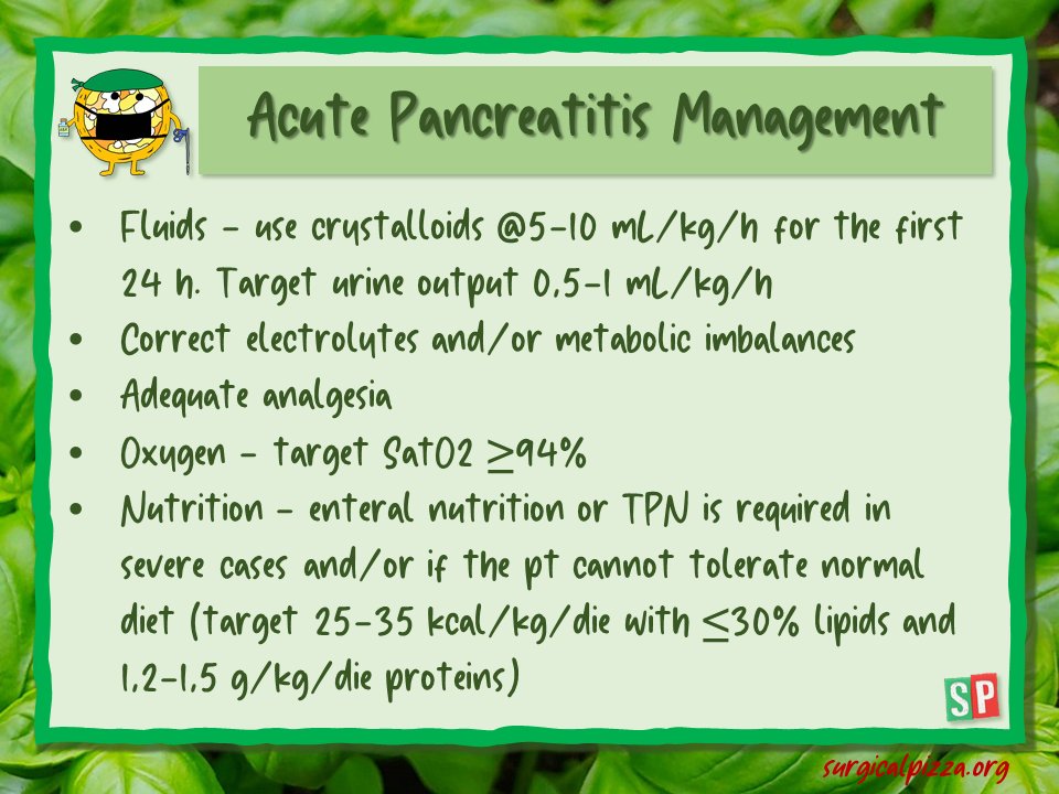 Initial #management of #acutepancreatitis is supportive...🫂 Your goal is to give time to the body to heal itself... And don't forget to let your patient eat!!! 🍽

#spbites 🍕 #surgery #ACS #education #surgicalpizza #MedTwitter #MedEd 

To read more: surgicalpizza.org/emergency-surg…
