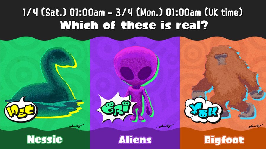 JMTVLIVE's tweet image. Splatfest is on now , which team are you?!
 #TeamNessie #TeamAlien #TeamBigfoot