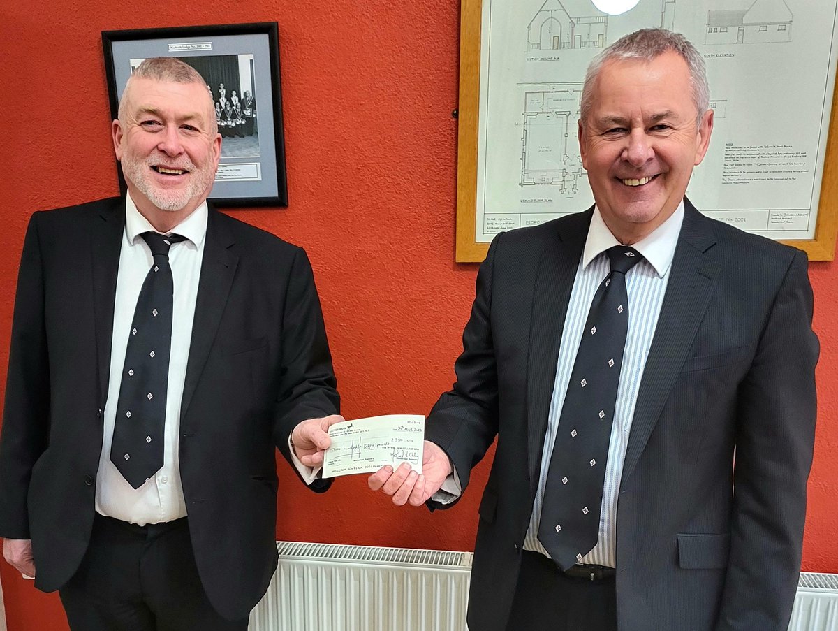 At the March meeting of the Hywel Dda College No 79 in Narbeth the Celebrant V W Fra Warren Jones presented a cheque on behalf of the College for £350 to the Assistant Provincial Grand Master, W Bro Michael Eckley towards the <a href="/WestWalesMason/">West Wales Mason</a> 2026 Festival.