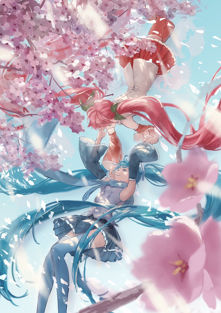 hatsune miku ,sakura miku skirt multiple girls long hair cherry blossoms detached sleeves twintails 2girls  illustration images