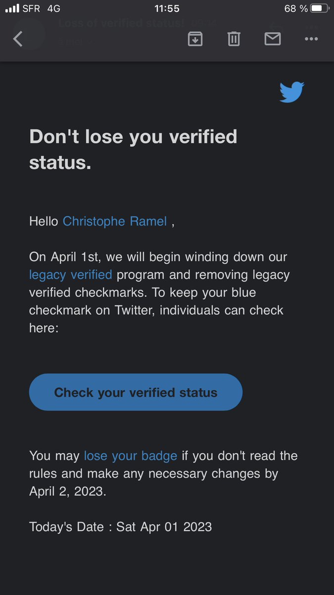 Attention à ceux qui avaient un badge vérifié Twitter jusqu’à aujourd’hui : des tentatives de phising plutôt bien faites vous demandent vos identifiants 🙏