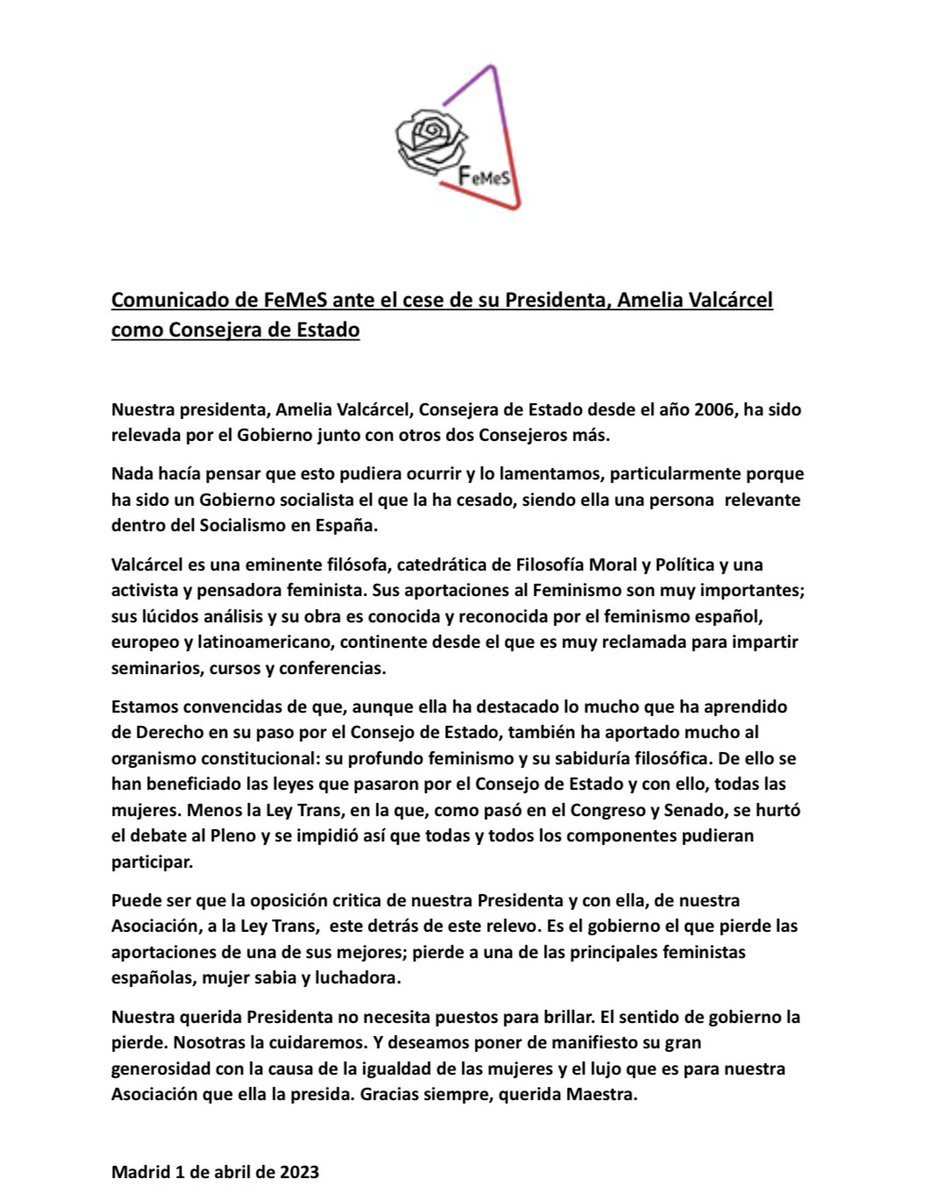 Comunicado de FeMeS ante el cese de su Presidenta, @AmeliaValcarcel como Consejera de Estado. Gracias siempre, querida Maestra. #FeMeSconAmeliaValcarcel