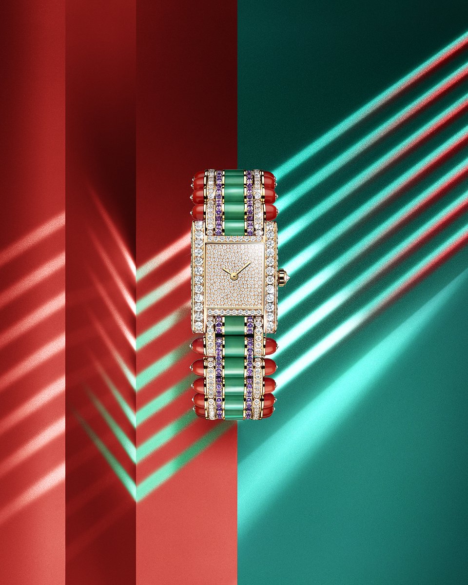 The new jeweled Tank is a chromatic exploration in the footsteps of Jeanne Toussaint. #CartierWatchmaking #WatchesandWonders2023 #CartierTank 
ms.spr.ly/6011gBLmD