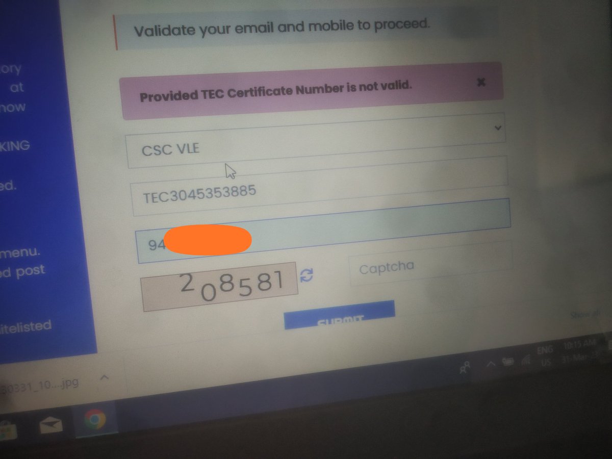 vivek87895's tweet photo. @CSCegov_ 
CSC vle registration kar rahe hai to tec number not valid dikha raha hai
Tec ka exam bhi de diye hai aur certificate bhi mil gya hai https://t.co/Darakrmsiw