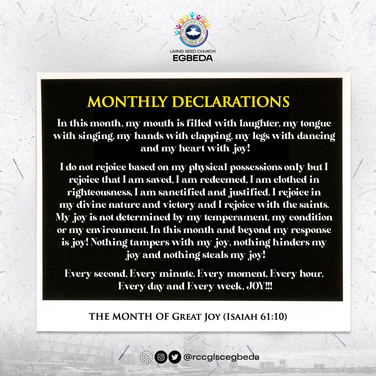 rccglscegbeda's tweet photo. This month, the Lord has set us on a course of joy. Our hearts are filled with it and our mouths can't help but declare it!

Join us as we declare!

#rccglscegbeda 
#lscegbeda 
#peniel 
#theprayingchurch 
#theplaceofencounter 
#helloapril 
#monthlydeclaration 
#declarewithus https://t.co/NONGdbtgP3