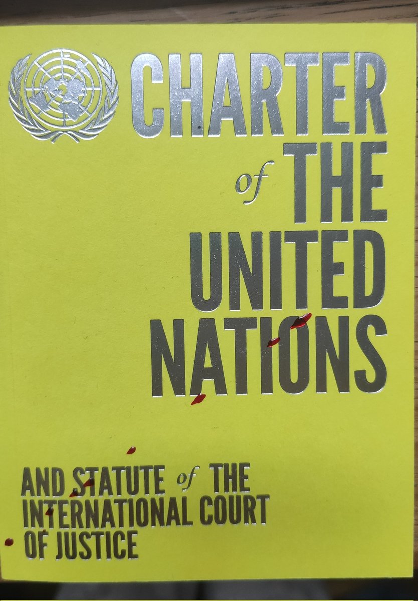olgatokariuk's tweet photo. Blood on the Charter of the United Nations. 
My daughter just spilled some paint on a copy of the document at our home. I couldn't help to think how symbolic it is, especially on the day when the terrorist Russia assumes presidency at the UN Security Council. How is this allowed? https://t.co/UvzIgXDIDM