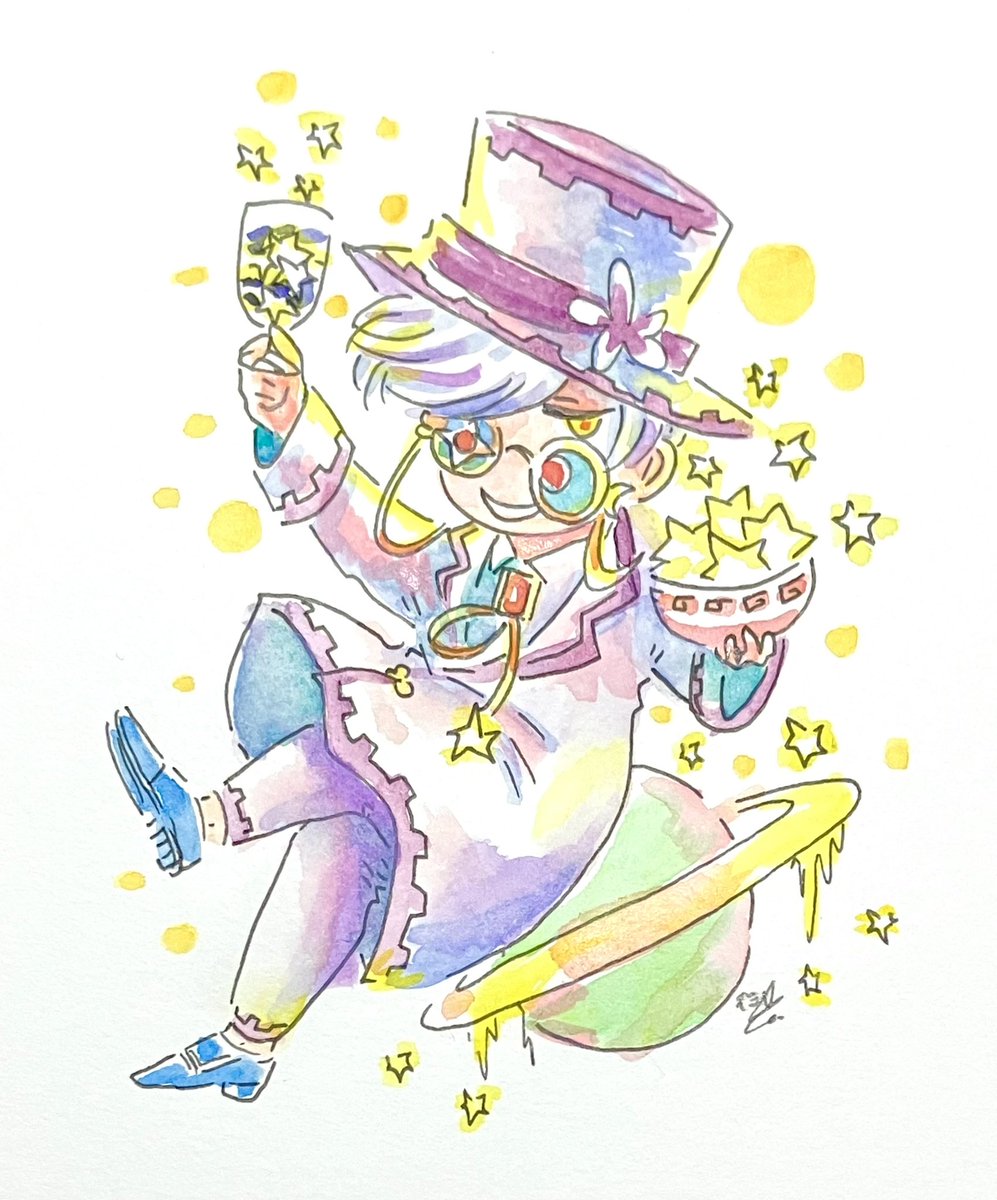 『惑星partynights🪐🌙🌟』

最近MM以外の住人を殆ど描いてないので知らない方も多そうな宇宙紳士…デミ世界の狂気ｻｲﾄﾞ、社長、ｺﾝﾋﾞﾆ店長、ﾗｽﾎﾞｽ、暗黒大魔王的な存在だけど高笑いと闇鍋料理以外特に何もしない…あ、フリペの司会として活躍してます。
#透明水彩