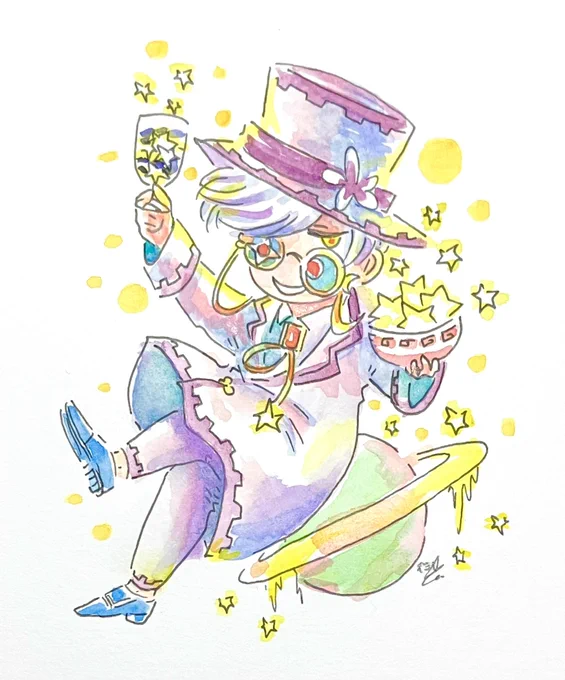 『惑星partynights』最近MM以外の住人を殆ど描いてないので知らない方も多そうな宇宙紳士…デミ世界の狂気サイド、社長、コンビニ店長、ラスボス、暗黒大魔王的な存在だけど高笑いと闇鍋料理以外特に何もしない…あ、フリペの司会として活躍してます。#透明水彩 