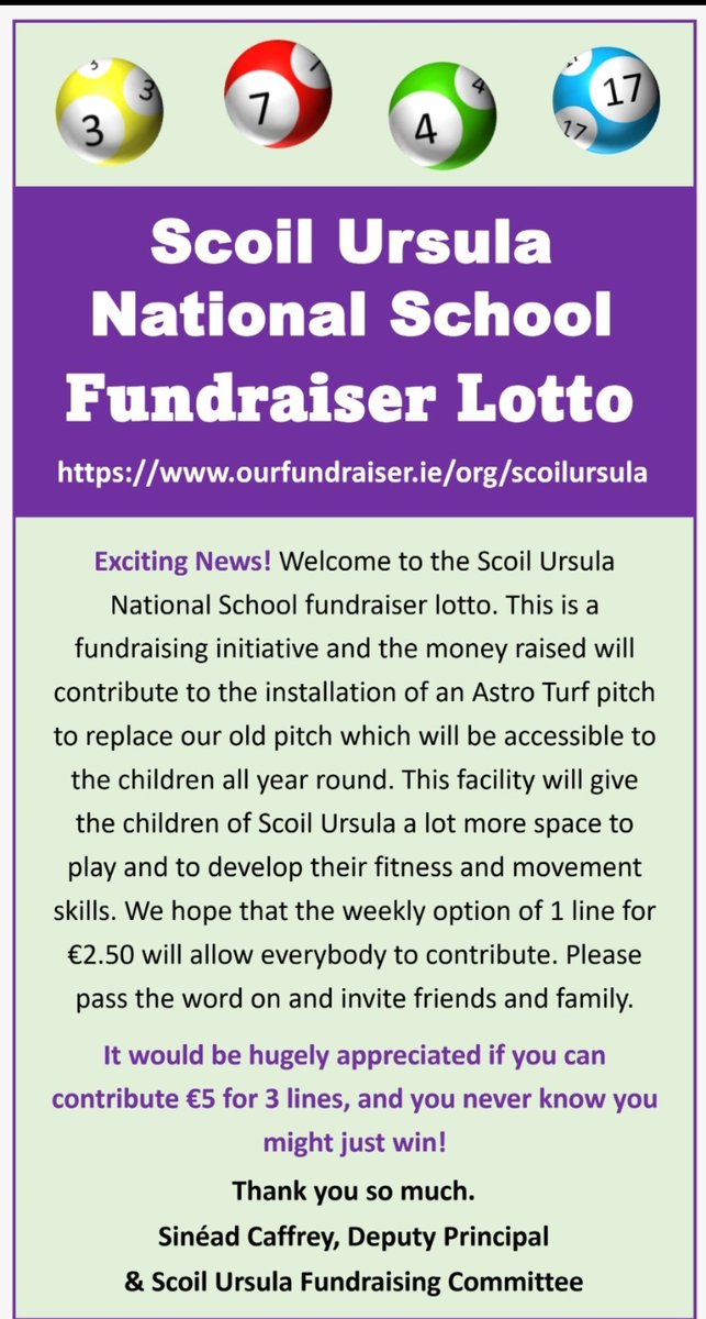 We are embarking on a fundraising campaign to convert our school pitch into an AstroTurf pitch. Our School Lotto is up and running and we would be grateful for your support.
Please visit our homepage to support and join us
ourfundraiser.ie/org/scoilursul…