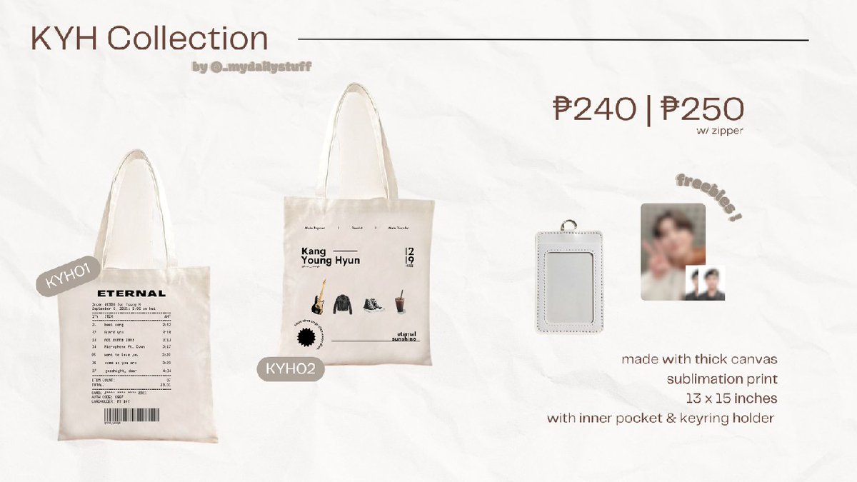 _mydailystuff's tweet photo. please help rt ! ♡

— ✷ KYH Collection by @_mydailystuff #mdbundles 

🎸 order now here ! https://t.co/ht9oY6C2us

🏷️ wts lfb day6 youngk kyh tote bag https://t.co/1bY7kvXVTs