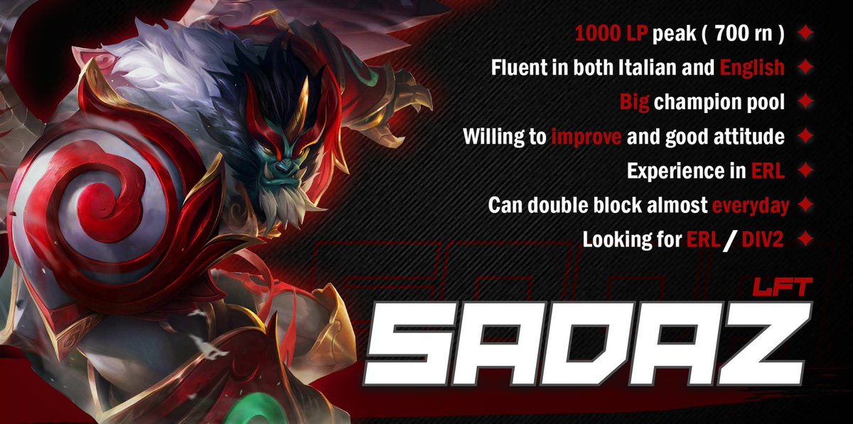 After the good split with <a href="/EsportAtleta/">Atleta Esport</a> i am now looking for a team, for any info contact me here , my dm's are open.
References: <a href="/xTheBlackRussia/">Luca</a> @coach_rox  <a href="/Shredderlol01/">Shredder</a> 
As always thanks to <a href="/Samilda_/">Samilda</a>  for the grapich, Likes and RTs are appreciated &lt;3
(op gg in the comment)