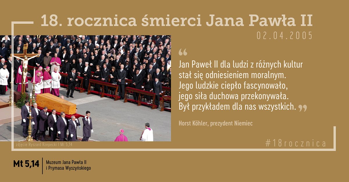 '#JanPawełII był przed wszystkim człowiekiem wiary, widzialnym dla ludzi współczesnym świadkiem Boga... Jego ludzkie ciepło fascynowało, jego siła duchowa przekonywała. Był przykładem dla nas wszystkich' [@HorstKoehler, prezydent #Niemcy]

#18rocznica #Pamiętamy #Mt514