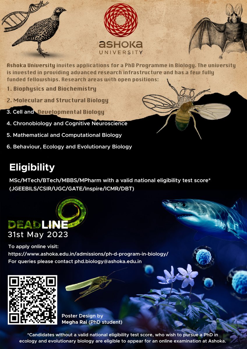 Rama S. Akondy (@akondyrs) on Twitter photo The department of biology <a href="/AshokaUniv/">Ashoka University</a> is now inviting applications for the PhD program. Current student Megha Rai in APlab @Anups_11 won the contest to design the poster.
ashoka.edu.in/admissions/ph-… The department of biology <a href="/AshokaUniv/">Ashoka University</a> is now inviting applications for the PhD program. Current student Megha Rai in APlab @Anups_11 won the contest to design the poster.
ashoka.edu.in/admissions/ph-…