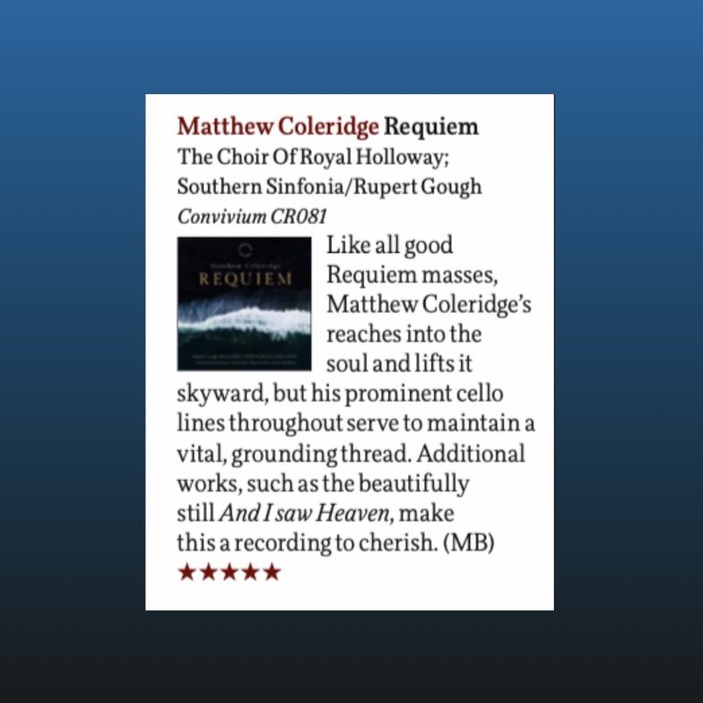 Convivium Records (@conviviumuk) on Twitter photo “…a recording to cherish.”
Thanks to Michael Beek for this ⭐️⭐️⭐️⭐️⭐️ review of our <a href="/matt_coleridge/">Matthew Coleridge</a> Requiem release in <a href="/MusicMagazine/">BBC Music Magazine</a> 🥳
Buy and stream today: album.link/ColeridgeRequi… “…a recording to cherish.”
Thanks to Michael Beek for this ⭐️⭐️⭐️⭐️⭐️ review of our <a href="/matt_coleridge/">Matthew Coleridge</a> Requiem release in <a href="/MusicMagazine/">BBC Music Magazine</a> 🥳
Buy and stream today: album.link/ColeridgeRequi…
