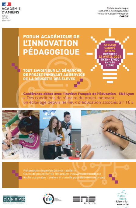 Le Forum de l'Innovation pédagogique se tiendra le 12 avril 2023 à @Canope_80 🟩Une conférence débat avec @educIFE 🟧Des ateliers axés sur la démarche de projet innovant au service de la réussite des élèves ENTRÉE LIBRE Retrouvez le programme ici 📷 icloud.ac-amiens.fr/index.php/s/G7…