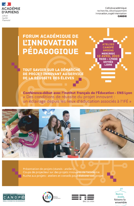Le Forum de l'Innovation pédagogique se tiendra le 12 avril 2023 à @Canope_80

🟩Une conférence débat avec <a href="/educIFE/">IFÉ</a>
🟧Des ateliers axés sur la démarche de projet innovant au service de la réussite des élèves 

ENTRÉE LIBRE 

Retrouvez le programme ici 📷 icloud.ac-amiens.fr/index.php/s/G7…