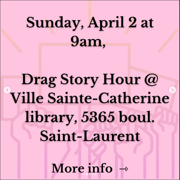 ATTN: Montreal and surrounding!  The town of St Catherine on the south shore's story time will be getting protestors.  The community is calling out for defenders.

instagram.com/p/CqVZZ_Ws4Ru/

#Dragstorytime #Dragdefenders