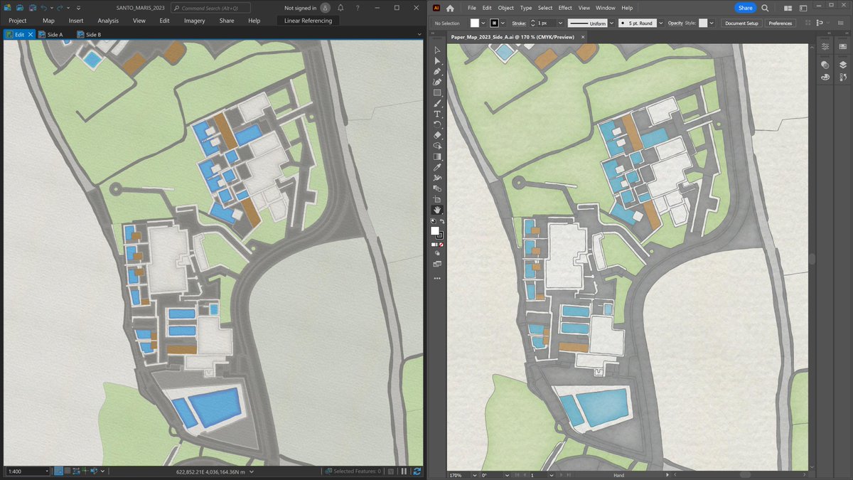 StaridasGeo's tweet photo. Architectural design in #ArcGISPro? Sure, why not! Here is the plan of a hotel I am currently drawing in Pro (left) and then finishing it in illustrator (right) with #MapsForAdobe. Commissioned project; work in progress. #cARTography #MakingMapsPretty https://t.co/C195zhTYFQ