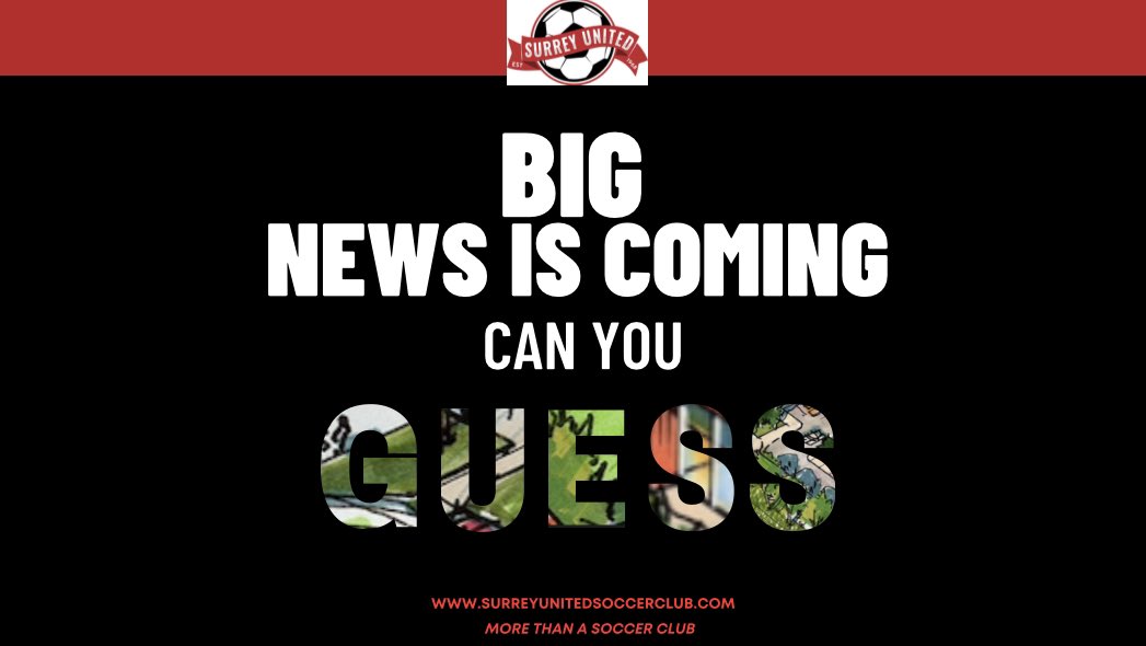 Introducing the Can You Guess Contest! What is our BIG ANNOUNCEMENT on Monday? 

Can you guess? Watch for clues all weekend long and enter your guess to win! 

➡️ Follow Us
➡️ Tag a Friend
➡️ Comment with your Guess 

MoreThanaSoccerClub  #surreyunitedsc #surreyunitedsoccerclub