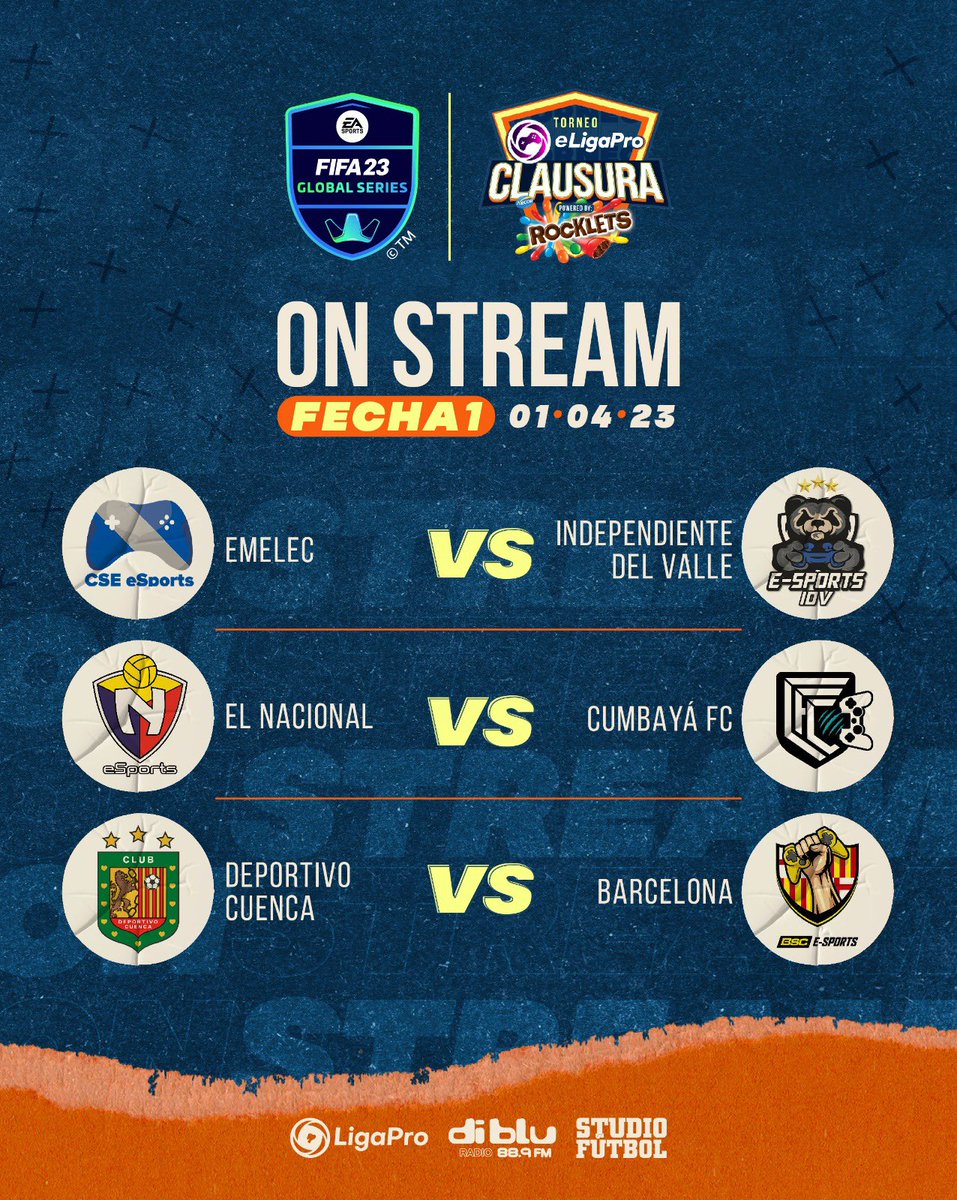 eligapro's tweet photo. 📢⚽️ Llegó el momento que tanto esperamos, ¡19h00 arranca el torneo clausura de la Eligapro powered by @RockletsEc ! 🚀🍫 Prepárense para vivir los partidos de la fecha 1. ¡Que ruede el balón! #LaMejorLigadelMundo #PoweredByRocklets @LigaProEC @RadioDibluFM @StudioFutbol https://t.co/BKsiQYFOgu