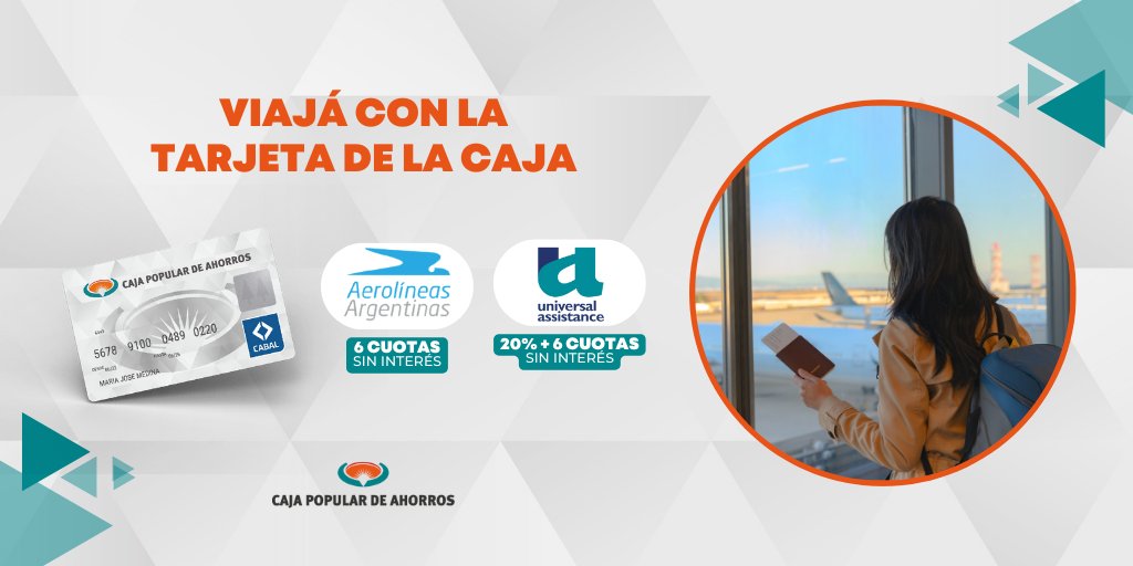 CajaPopularTuc's tweet photo. Que el viaje no pare 🤩
Abril comenzó con una buena noticia: ¡la #PromoViajes se extiende 3 meses más! 🎊
Hasta el 30 de junio conseguí tu pasaje en Aerolíneas Argentinas 🛩️ en 6 cuotas sin interés y obtené un 20% de descuento y 6 cuotas sin interés en Universal Assistance 🛄 https://t.co/GCYQJgZ109